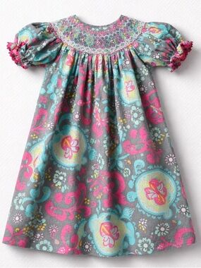 Steel belly gray and pink smocked puff sleeve bishop dress with embroidery 24m